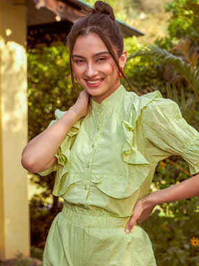 Lime Green Schiffli Puff Sleeves Shirt With Paperwaist Shorts-SASSAFRAS