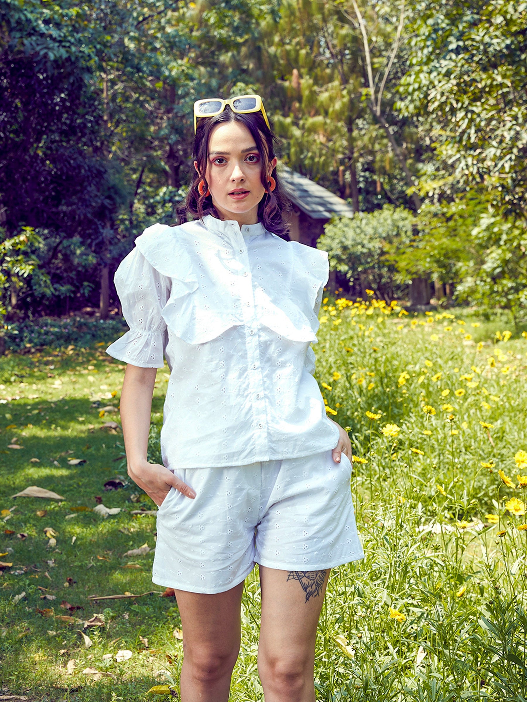 White Schiffli Puff Sleeves Shirt With Paperwaist Shorts-SASSAFRAS