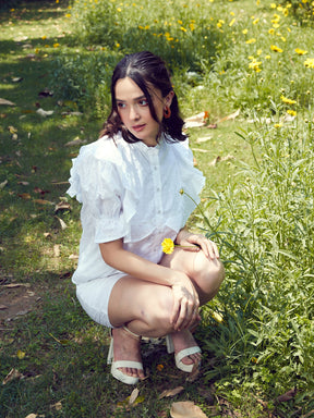 White Schiffli Puff Sleeves Shirt With Paperwaist Shorts-SASSAFRAS