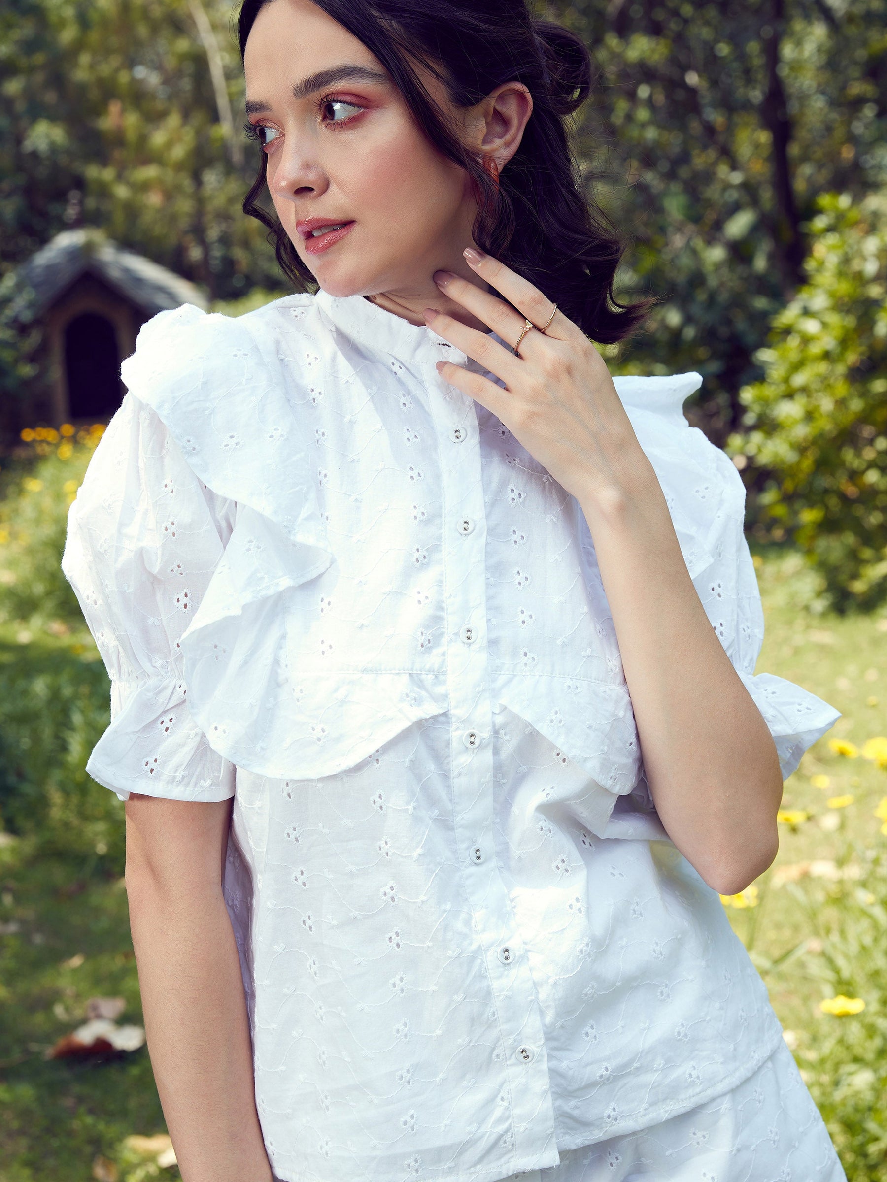 White Schiffli Puff Sleeves Shirt With Paperwaist Shorts-SASSAFRAS