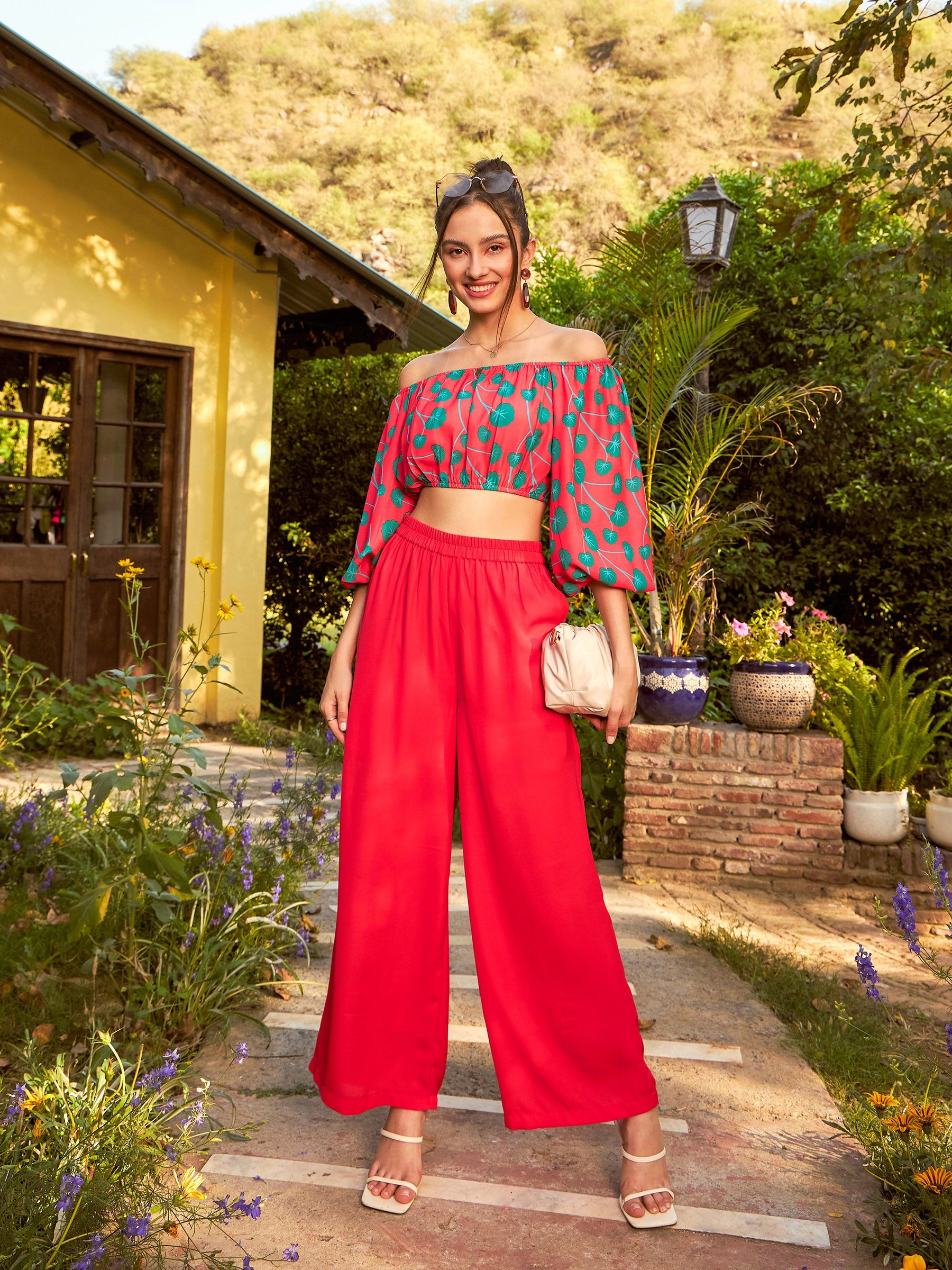 Women Red Floral Off-Shoulder Top With Straight Pants, Off
