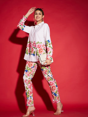 White Floral Oversized Shirt With Tapered Pants-SASSAFRAS