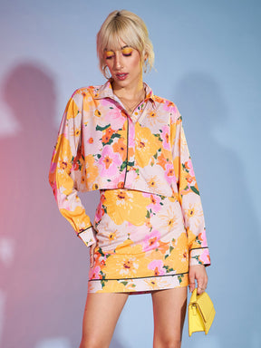 Yellow Floral Boxy Crop Shirt With Mini Skirt-SASSAFRAS