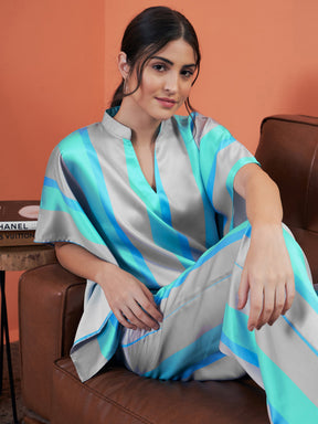 Sea Green Satin Stripe Kaftan Top With Lounge Pants-SASSAFRAS alt-laze
