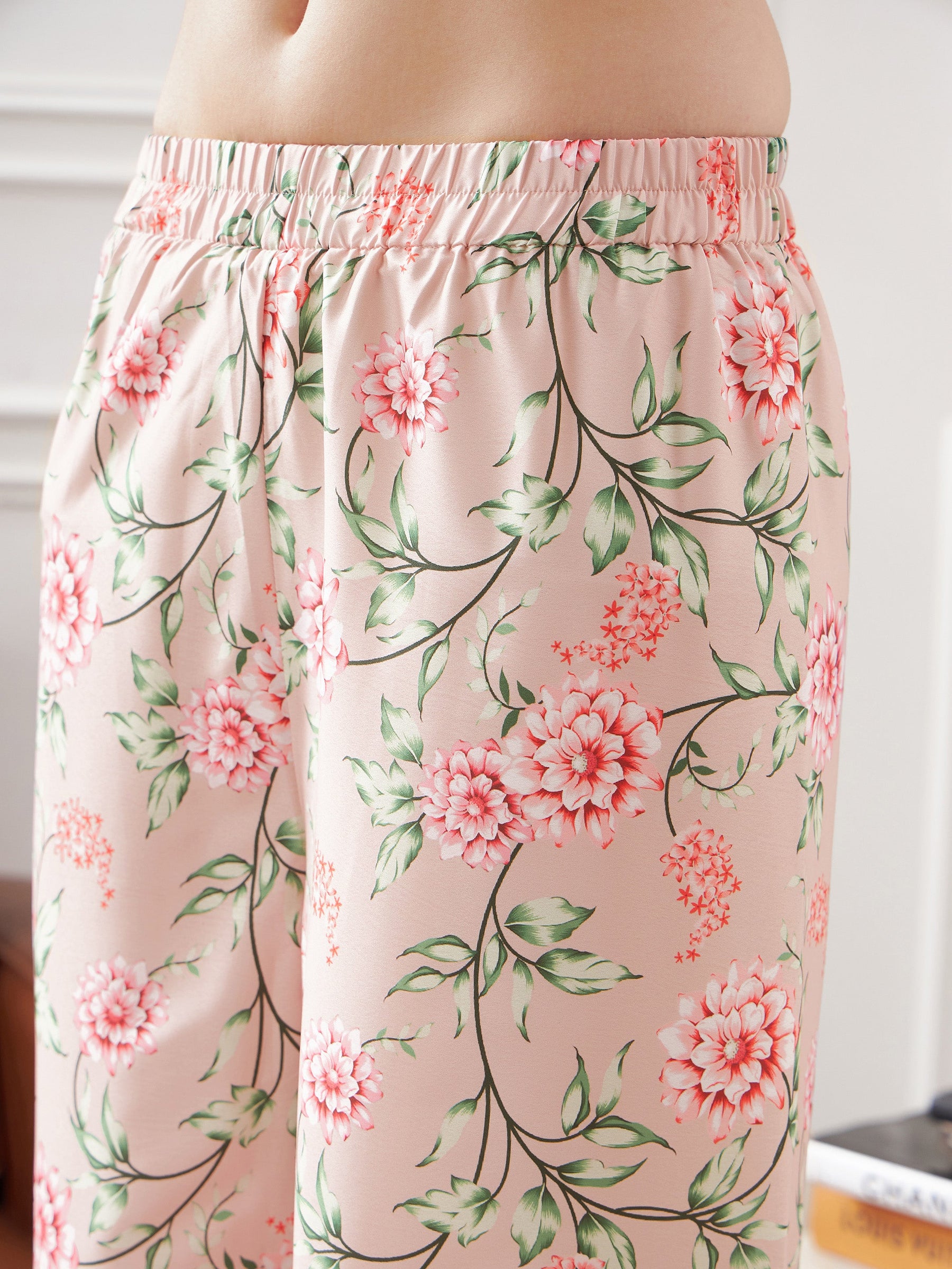 Peach & Green Floral Notch Collar Shirt With Lounge Pants-SASSAFRAS alt-laze