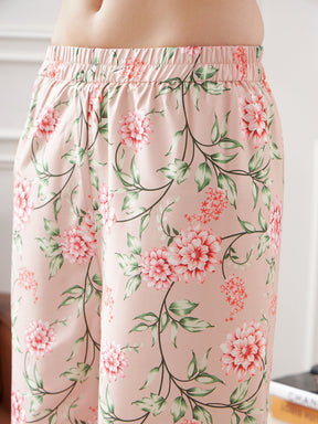 Peach & Green Floral Notch Collar Shirt With Lounge Pants-SASSAFRAS alt-laze