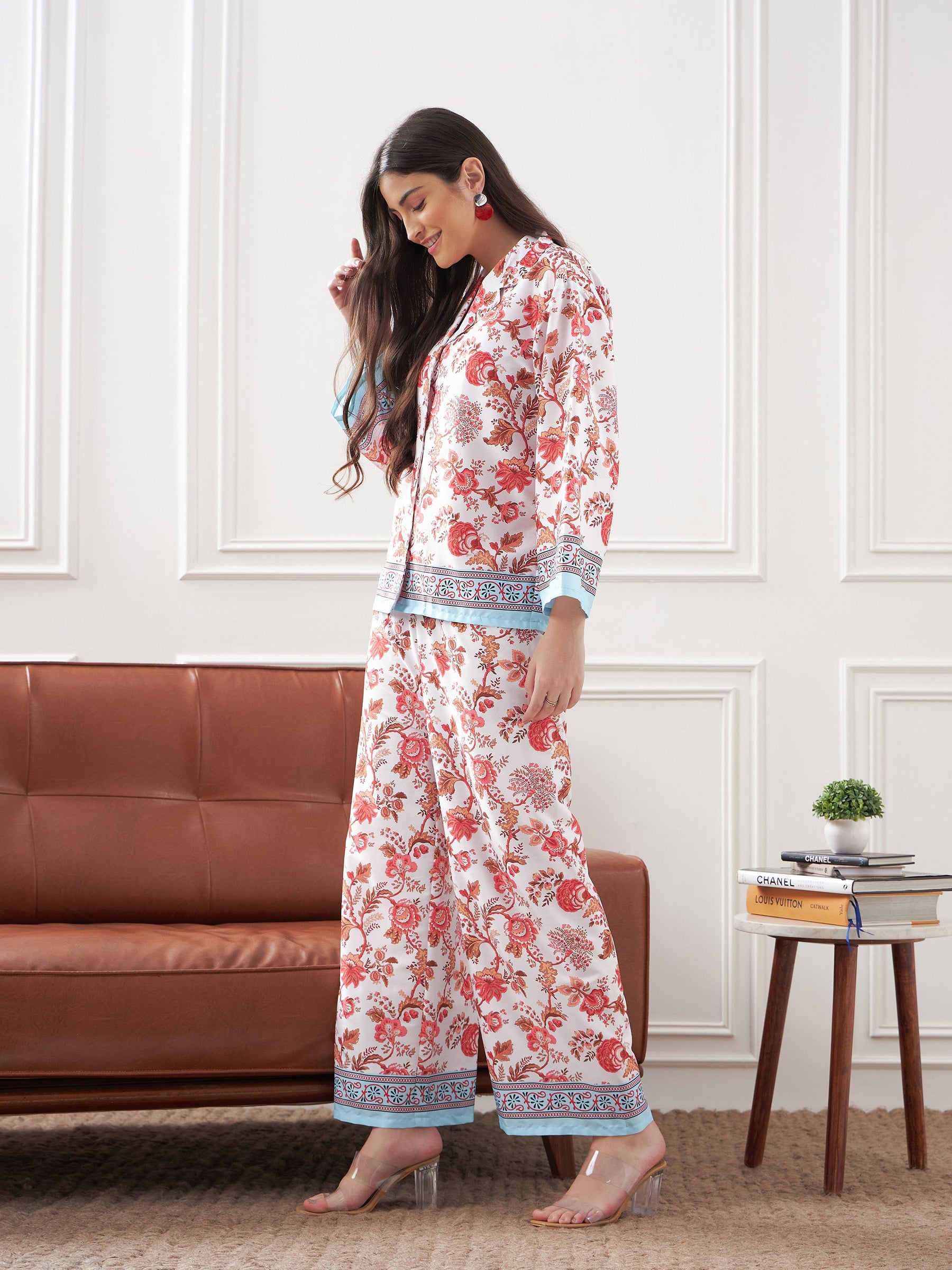 Women White & Sky Blue Tropical Notch Collar Shirt With Lounge Pants S / White