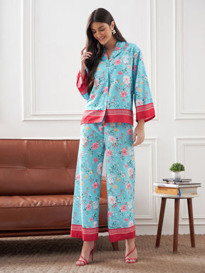 Turquoise & Magenta Floral Notch Collar Shirt With Lounge Pants-SASSAFRAS alt-laze