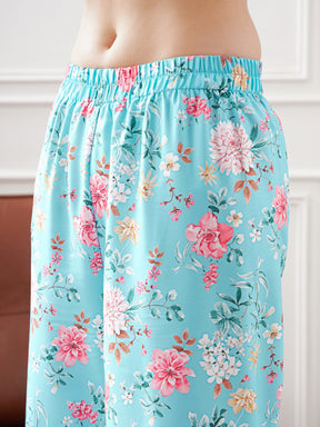 Turquoise & Magenta Floral Notch Collar Shirt With Lounge Pants-SASSAFRAS alt-laze