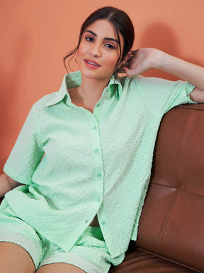 Mint Green Seersucker Crop Shirt With Shorts -SASSAFRAS alt-laze
