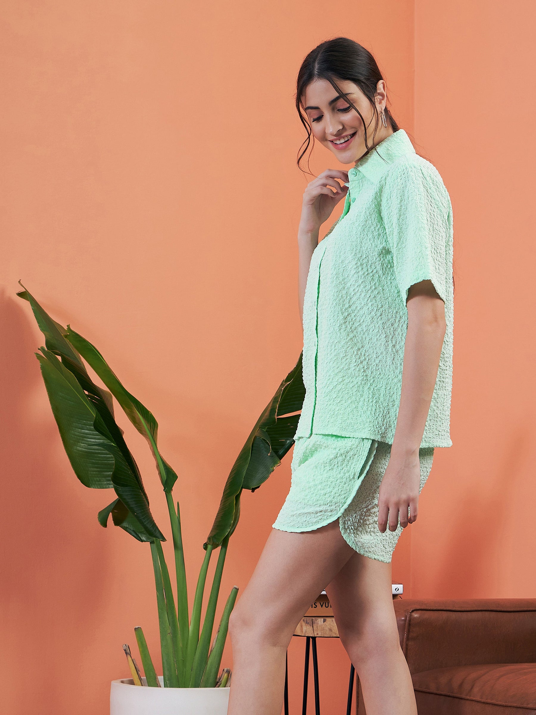Mint Green Seersucker Crop Shirt With Shorts -SASSAFRAS alt-laze