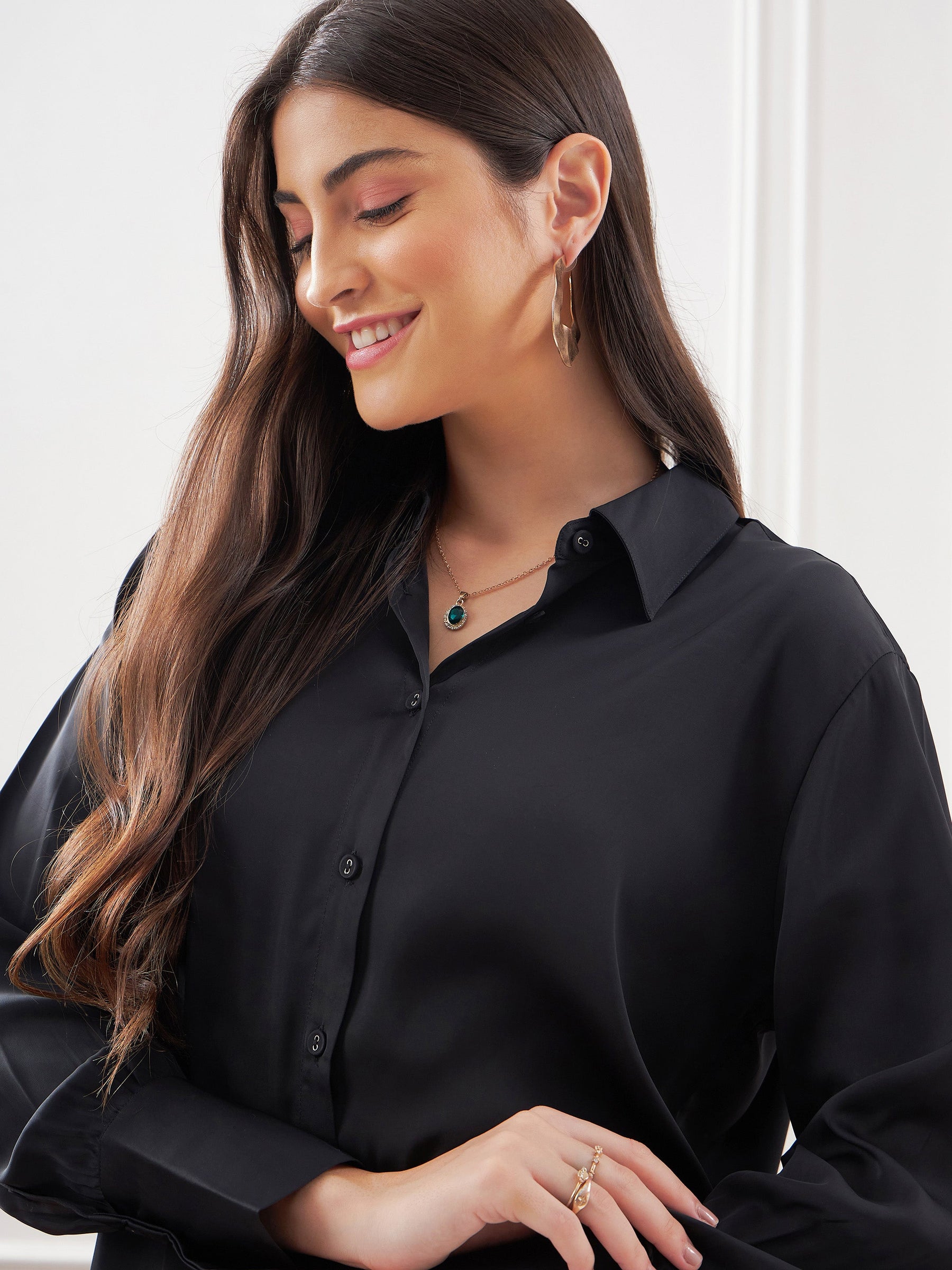 Women Black Satin Shirt With Lounge Pants - Main Image