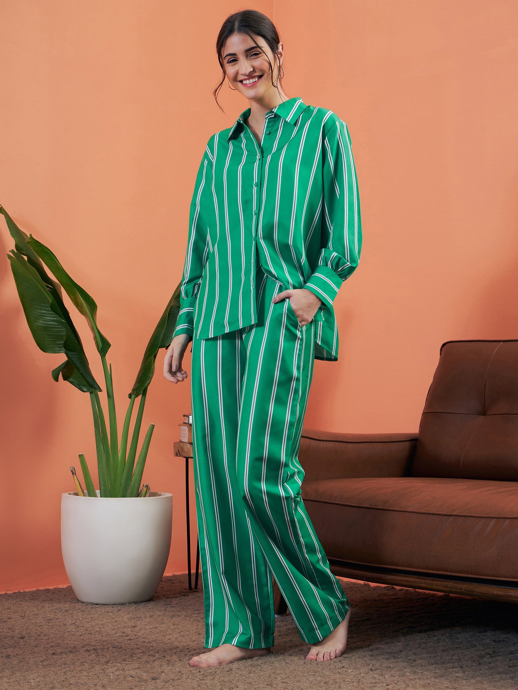 Green Stripes Shirt With Lounge Pants-SASSAFRAS alt-laze