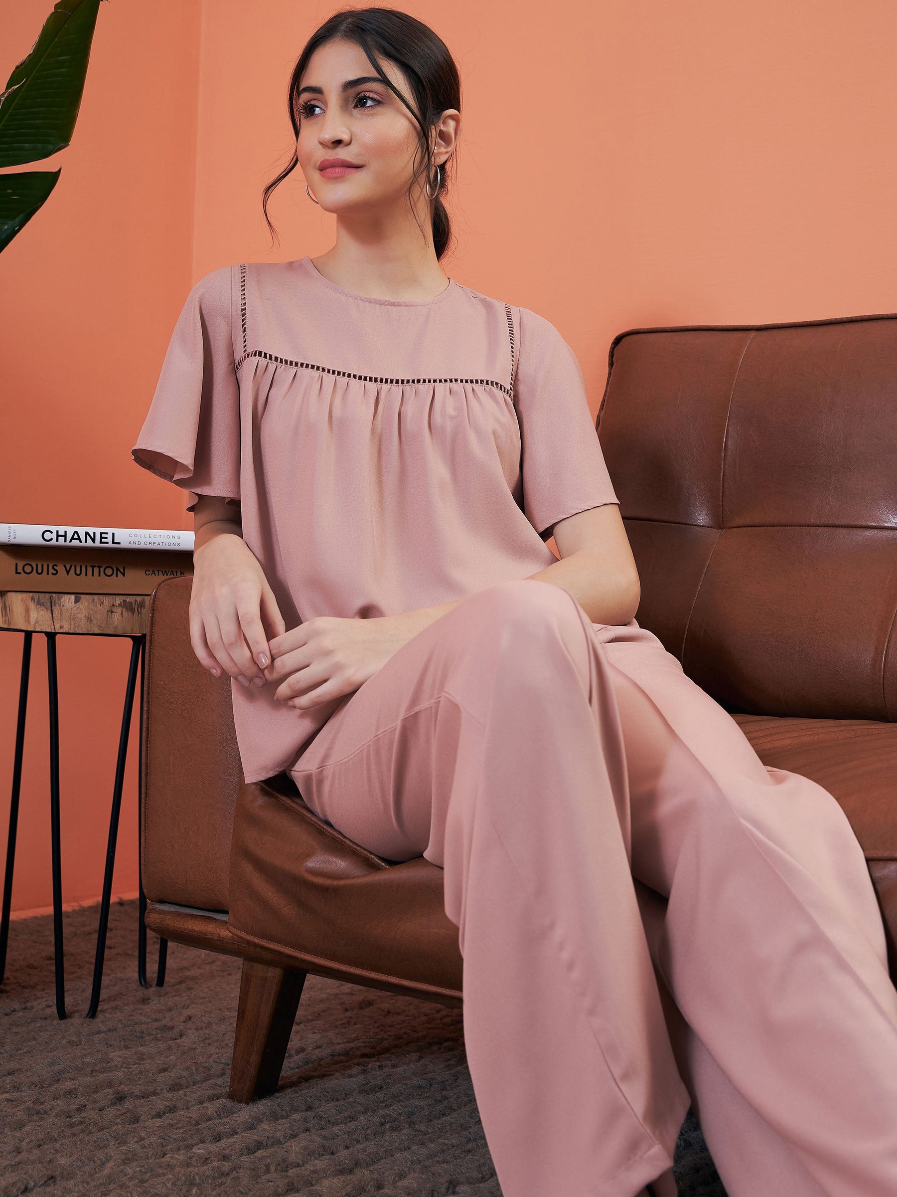 Women Pink Lace Insert Top With Lounge Pants