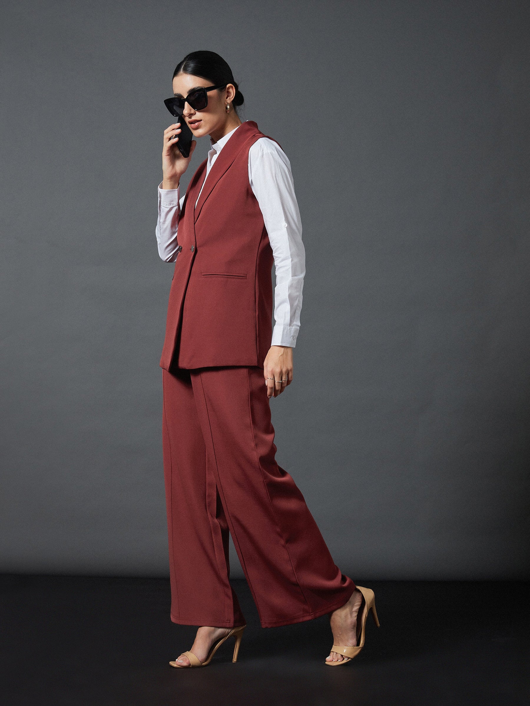 Rust Sleeveless Blazer With Darted Palazzo Pants-SASSAFRAS worklyf