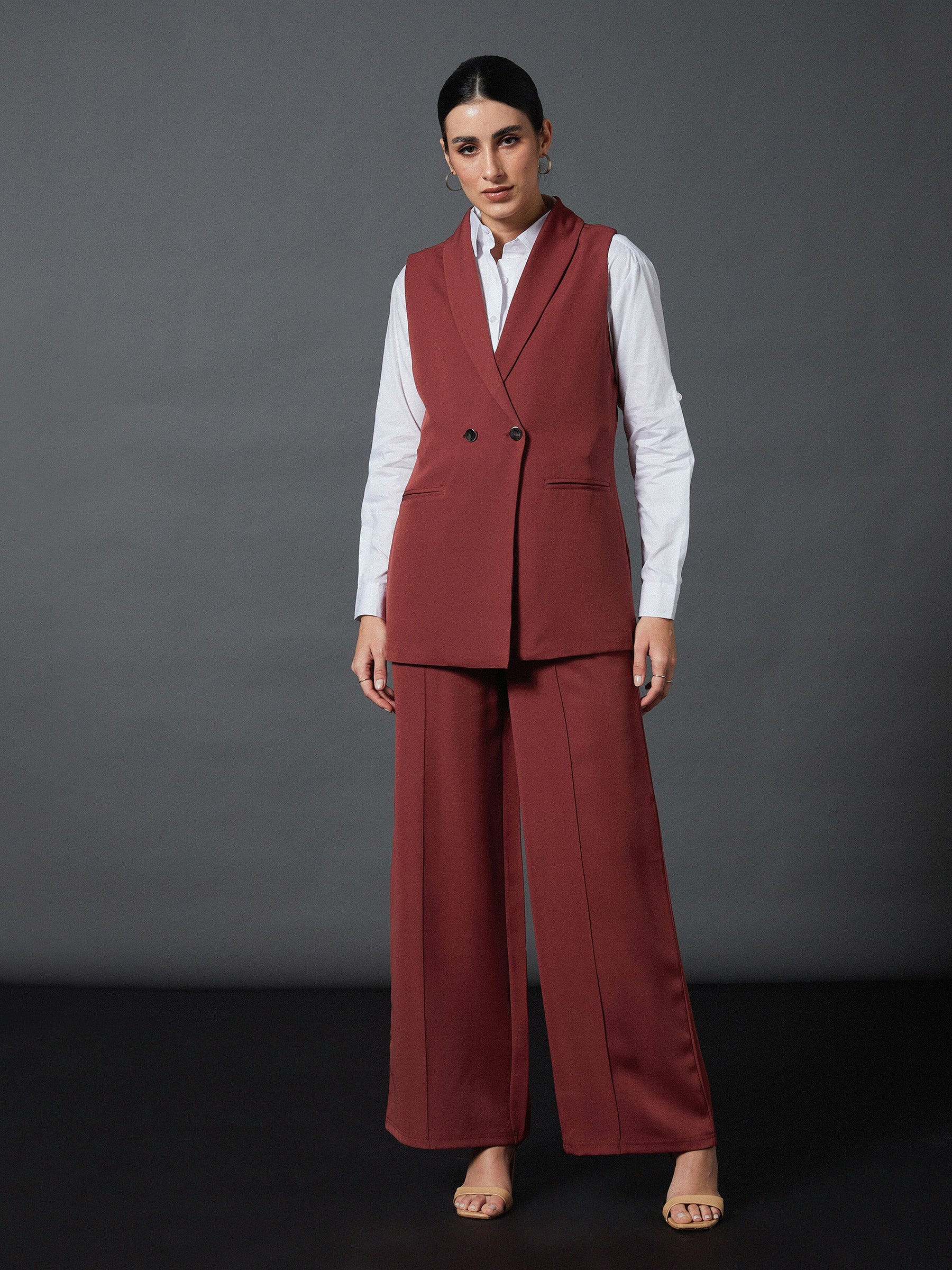 Rust Sleeveless Blazer With Darted Palazzo Pants-SASSAFRAS worklyf