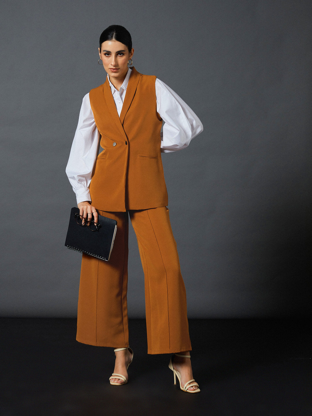 Mustard Sleeveless Blazer With Darted Palazzo Pants-SASSAFRAS worklyf