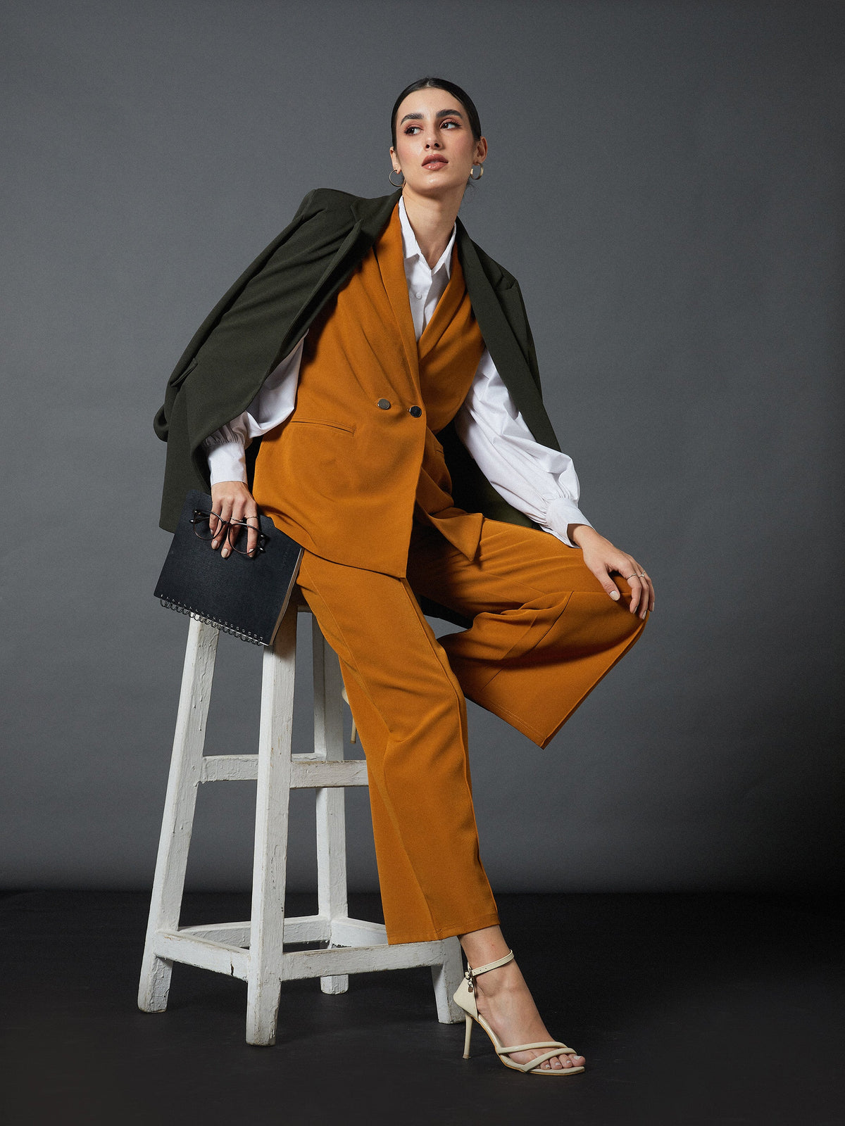 Mustard Sleeveless Blazer With Darted Palazzo Pants-SASSAFRAS worklyf