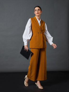 Mustard Sleeveless Blazer With Darted Palazzo Pants-SASSAFRAS worklyf