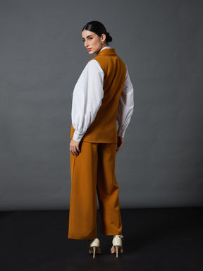 Mustard Sleeveless Blazer With Darted Palazzo Pants-SASSAFRAS worklyf