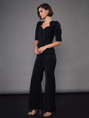 Black Puff Sleeves Top With Bell Bottom Pants-SASSAFRAS worklyf