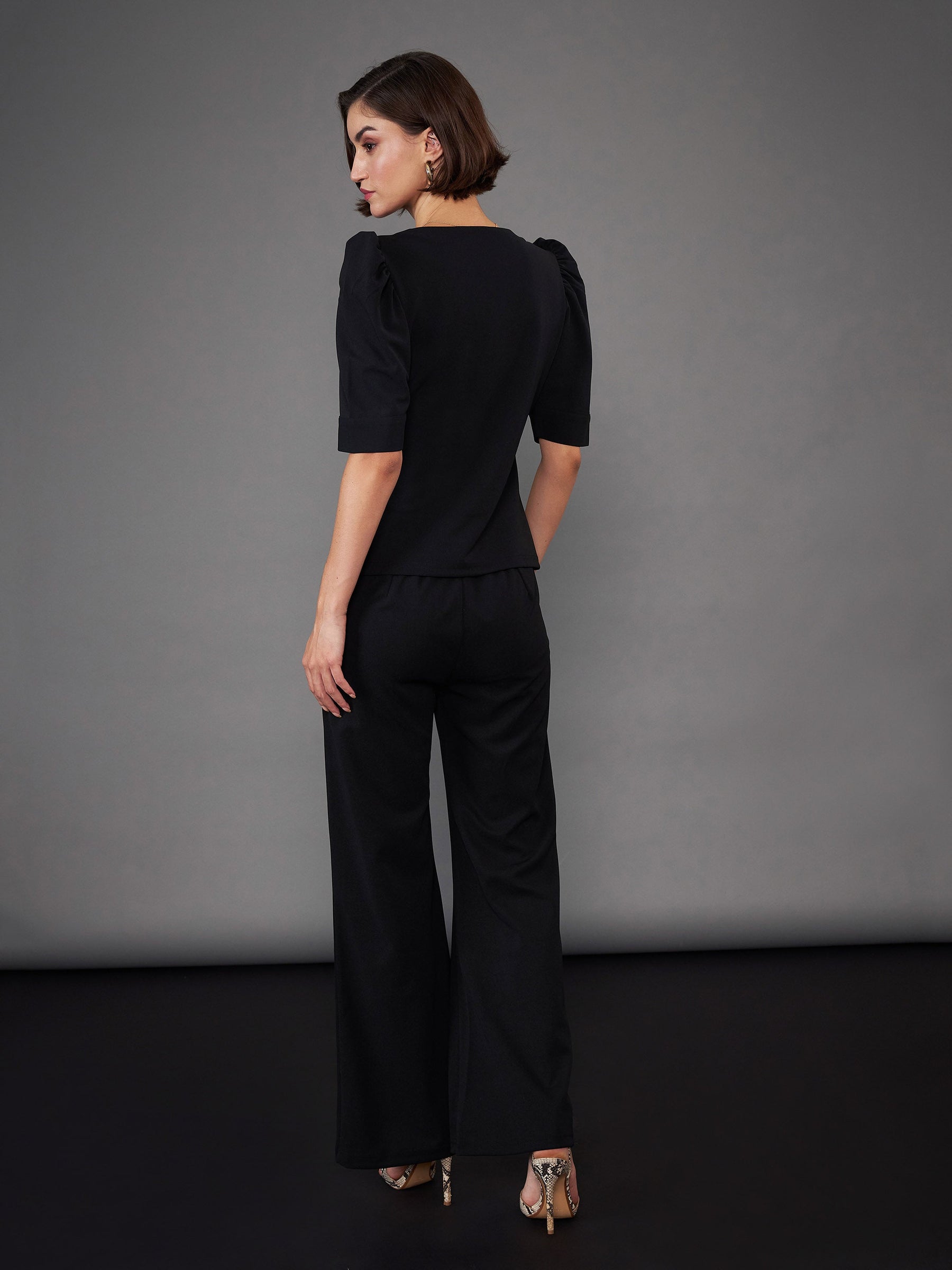 Black Puff Sleeves Top With Bell Bottom Pants-SASSAFRAS worklyf