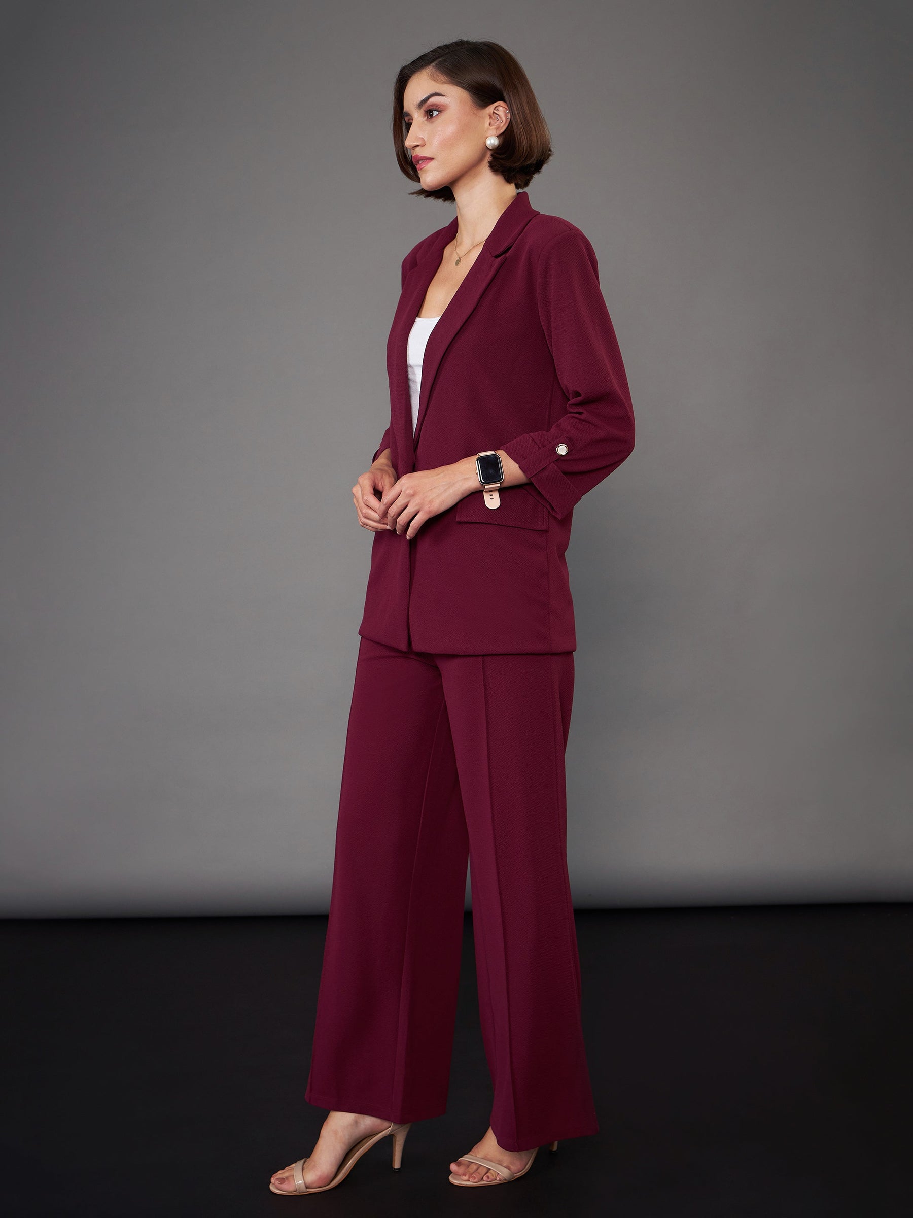 Formal Burgundy Jeans Outfits Women Burgundy Front Button Blazer