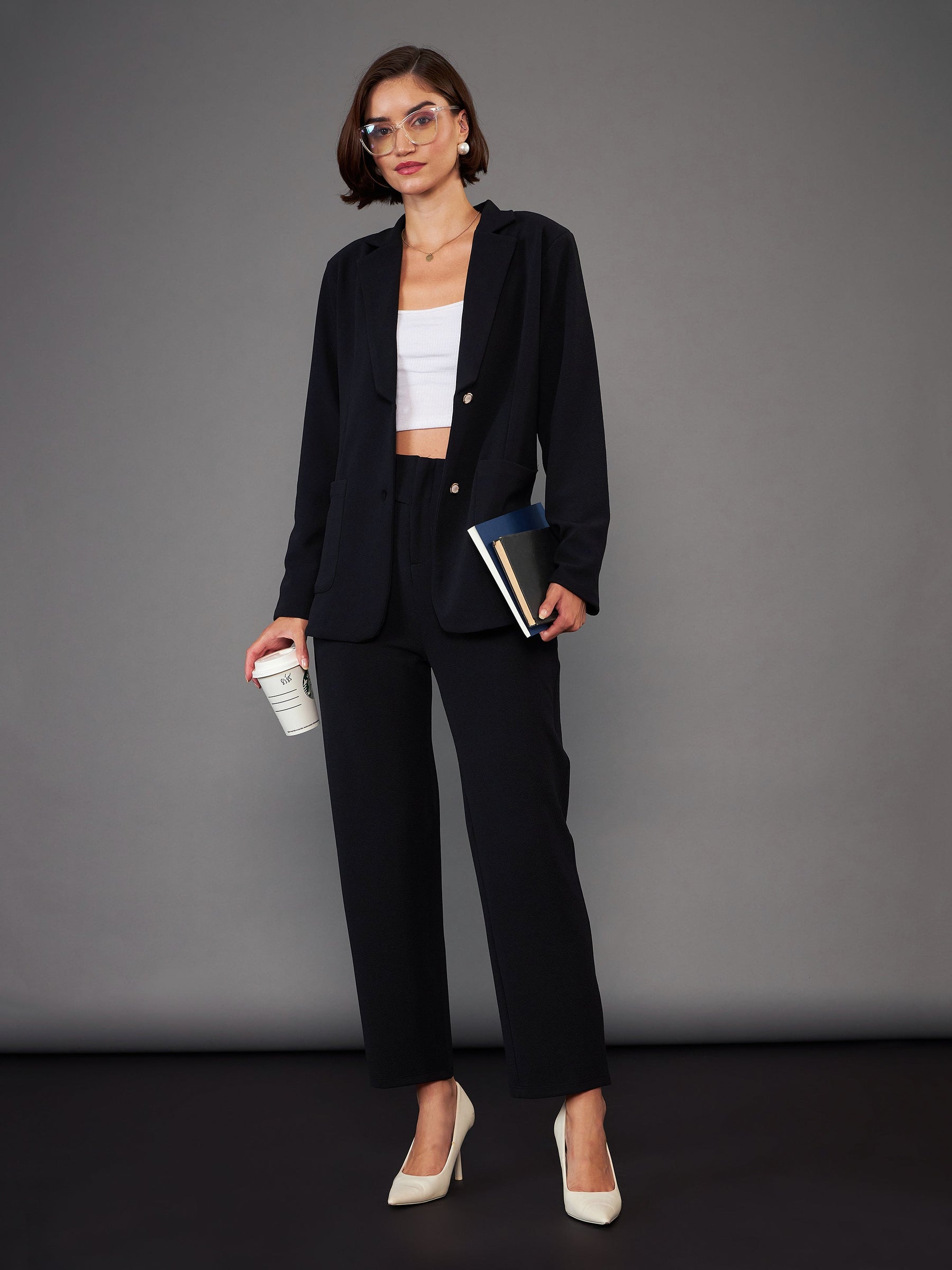 Women Black Slim Fit Blazer With Pleated Pants - Main Image