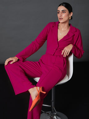 Pink Notch Collar Crop Blazer With Palazzo Pants-SASSAFRAS worklyf