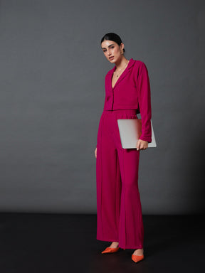 Pink Notch Collar Crop Blazer With Palazzo Pants-SASSAFRAS worklyf