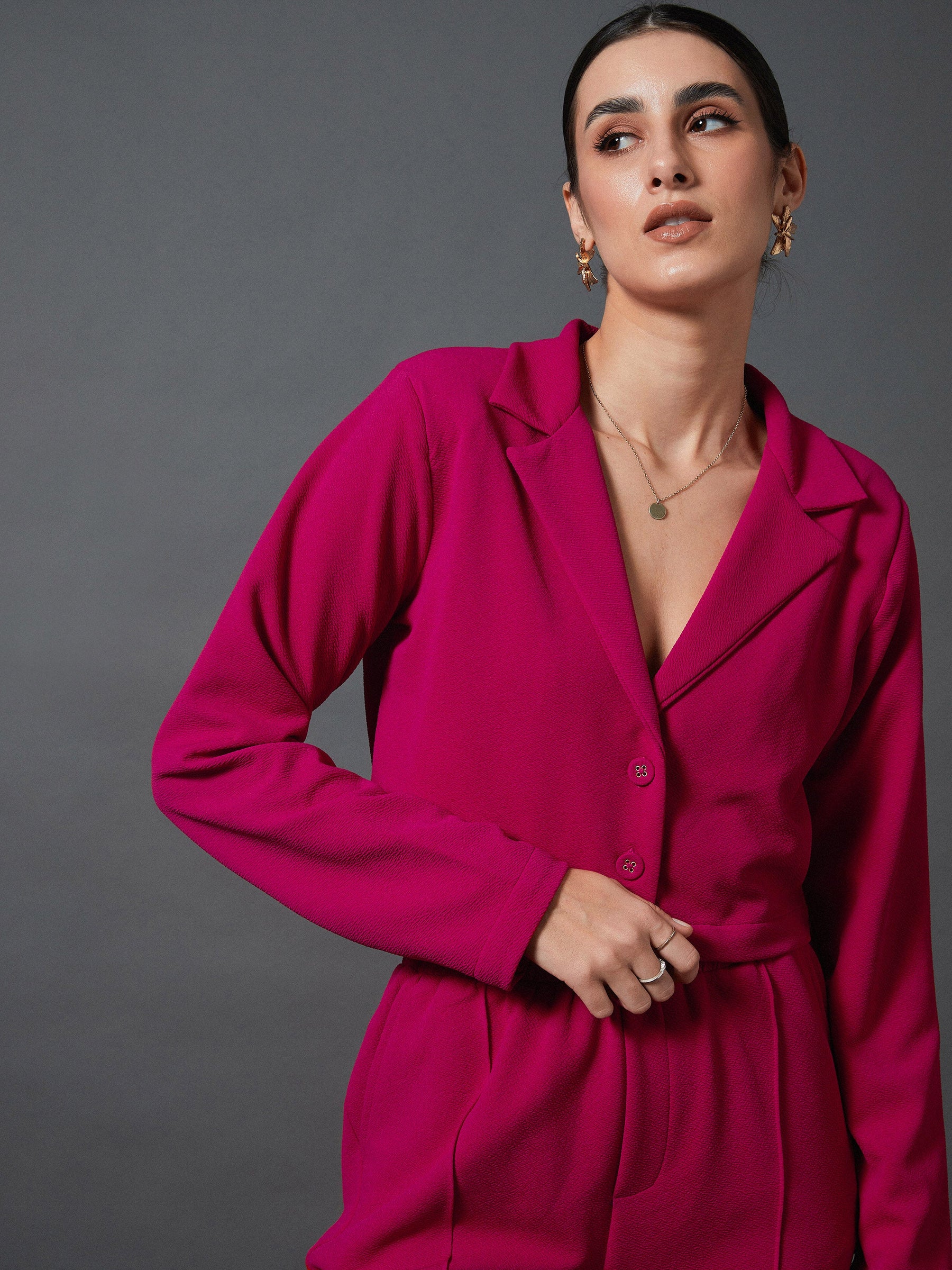 Pink Notch Collar Crop Blazer With Palazzo Pants-SASSAFRAS worklyf