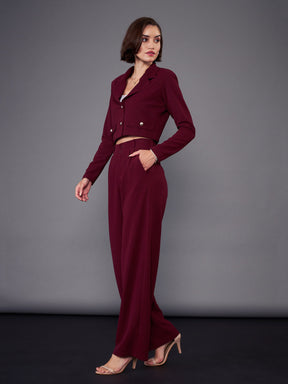 Burgundy Notch Collar Crop Blazer With Pleated Pants-SASSAFRAS worklyf