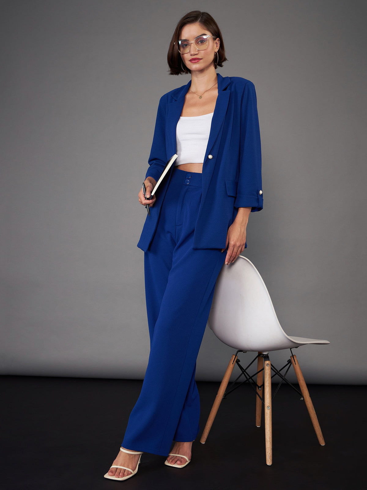 Royal Blue Front Button Blazer With Pleated Pants-SASSAFRAS worklyf