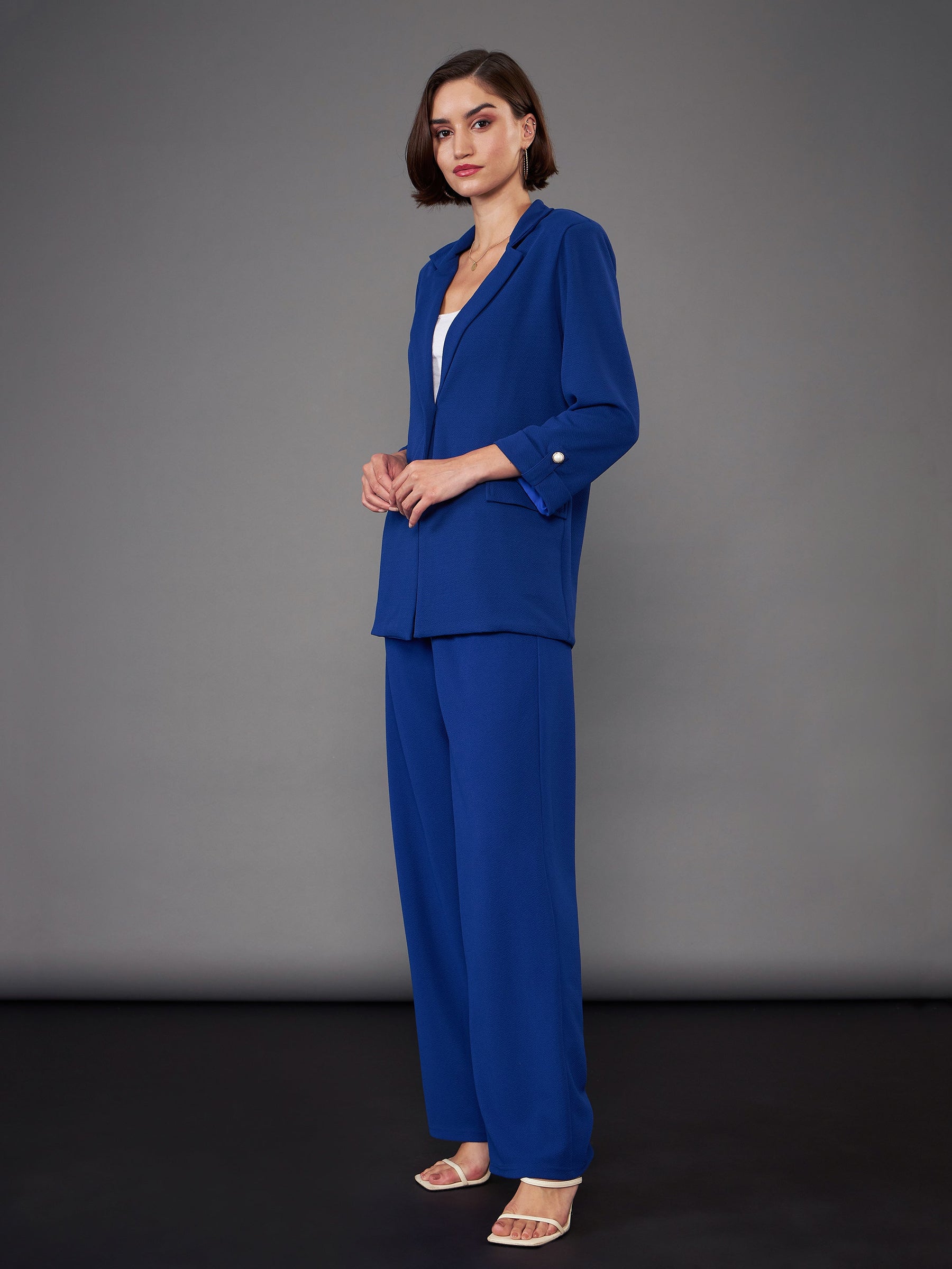 Women Royal Blue Front Button Blazer With Pleated Pants