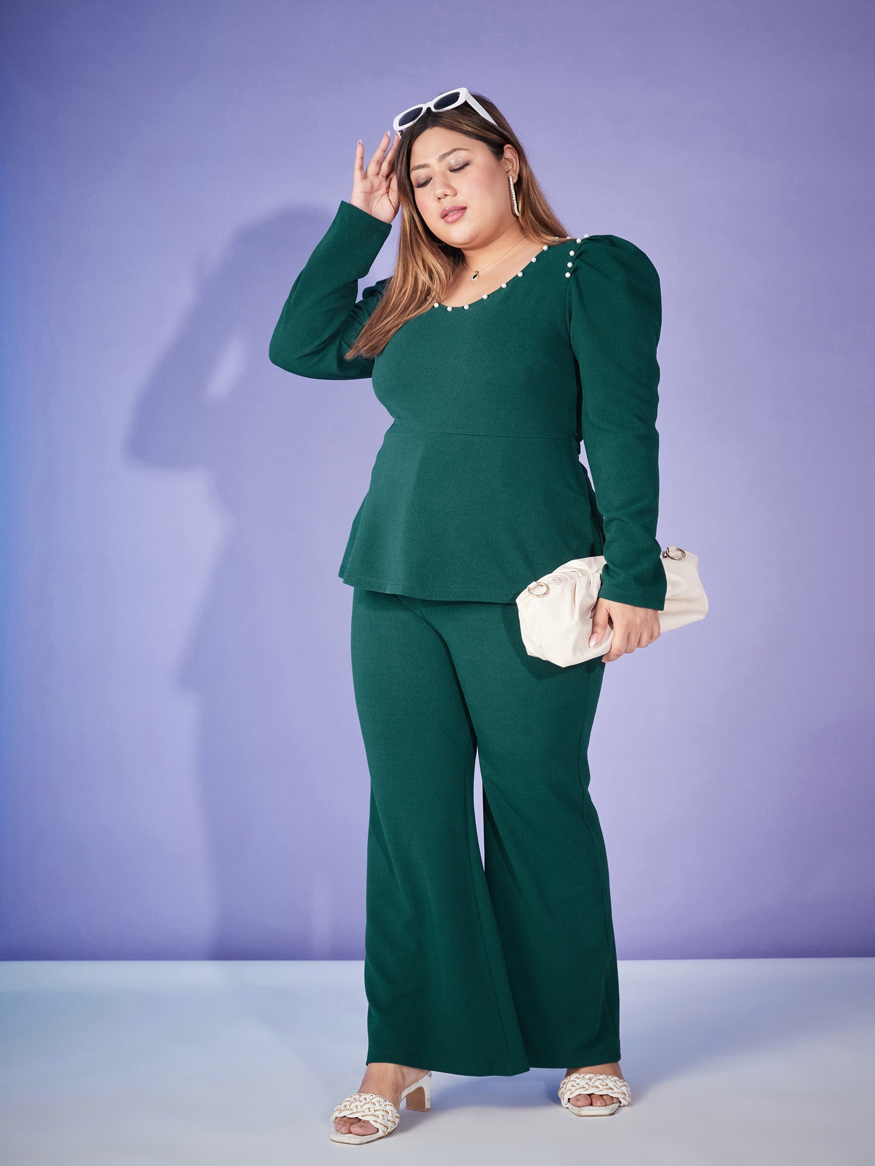 Emerald Pearl Peplum Top With Bell Bottom Pants-SASSAFRAS Curve