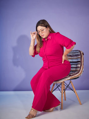 Fuchsia Ruched Pearl Shirt With Straight Pants-SASSAFRAS Curve