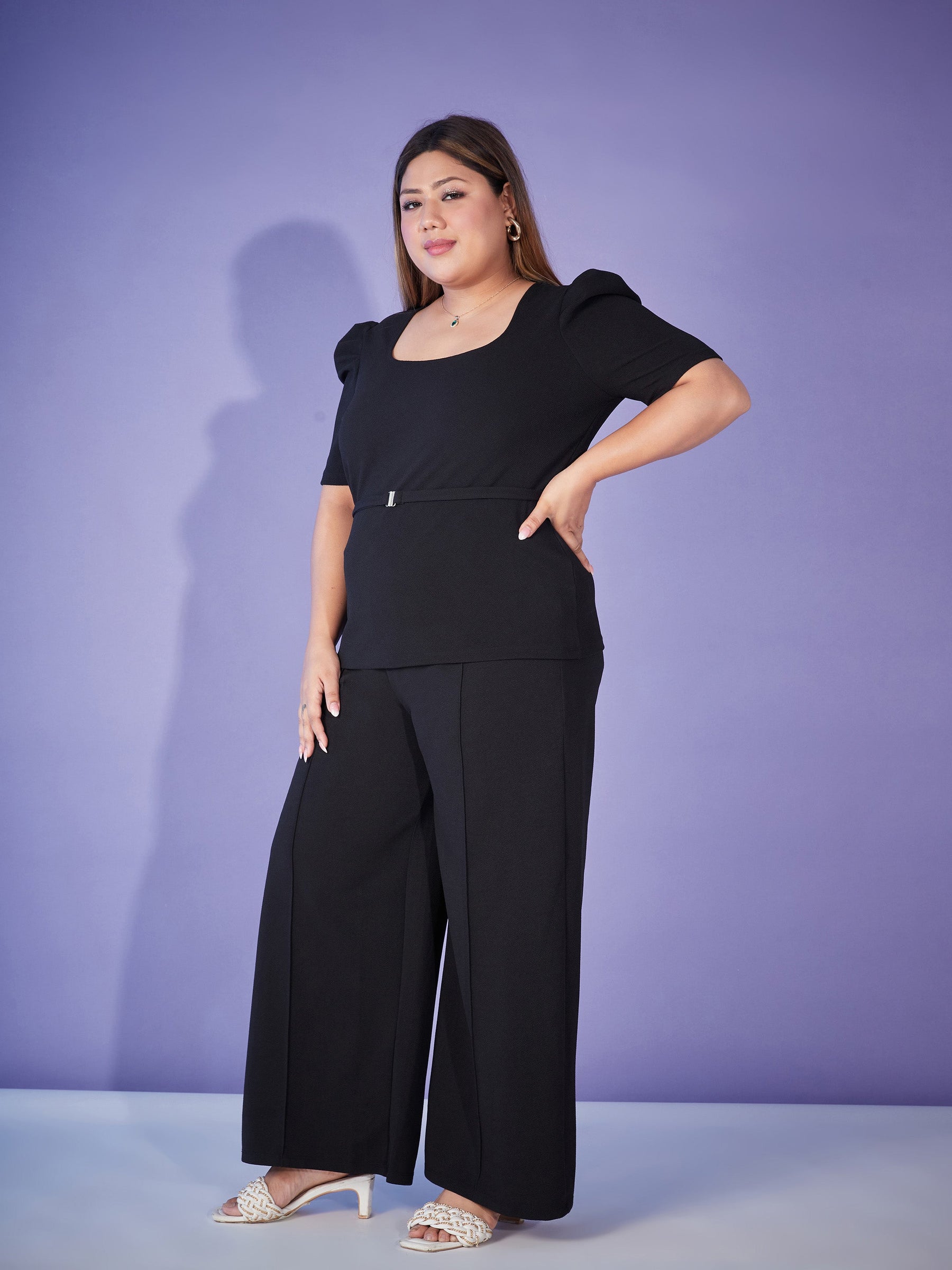 Black Belted Top With Bell Bottom Pants-SASSAFRAS Curve