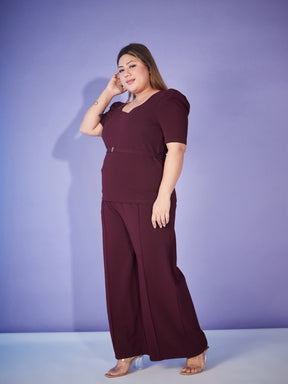 Burgundy Belted Top With Bell Bottom Pants-SASSAFRAS Curve