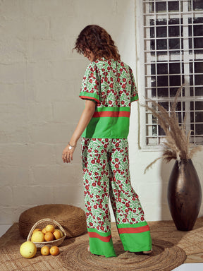 Green Floral Gathered Sleeves Top With Pants-SASSAFRAS