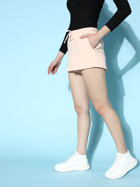 Women Light Peach Terry Drawstring Shorts