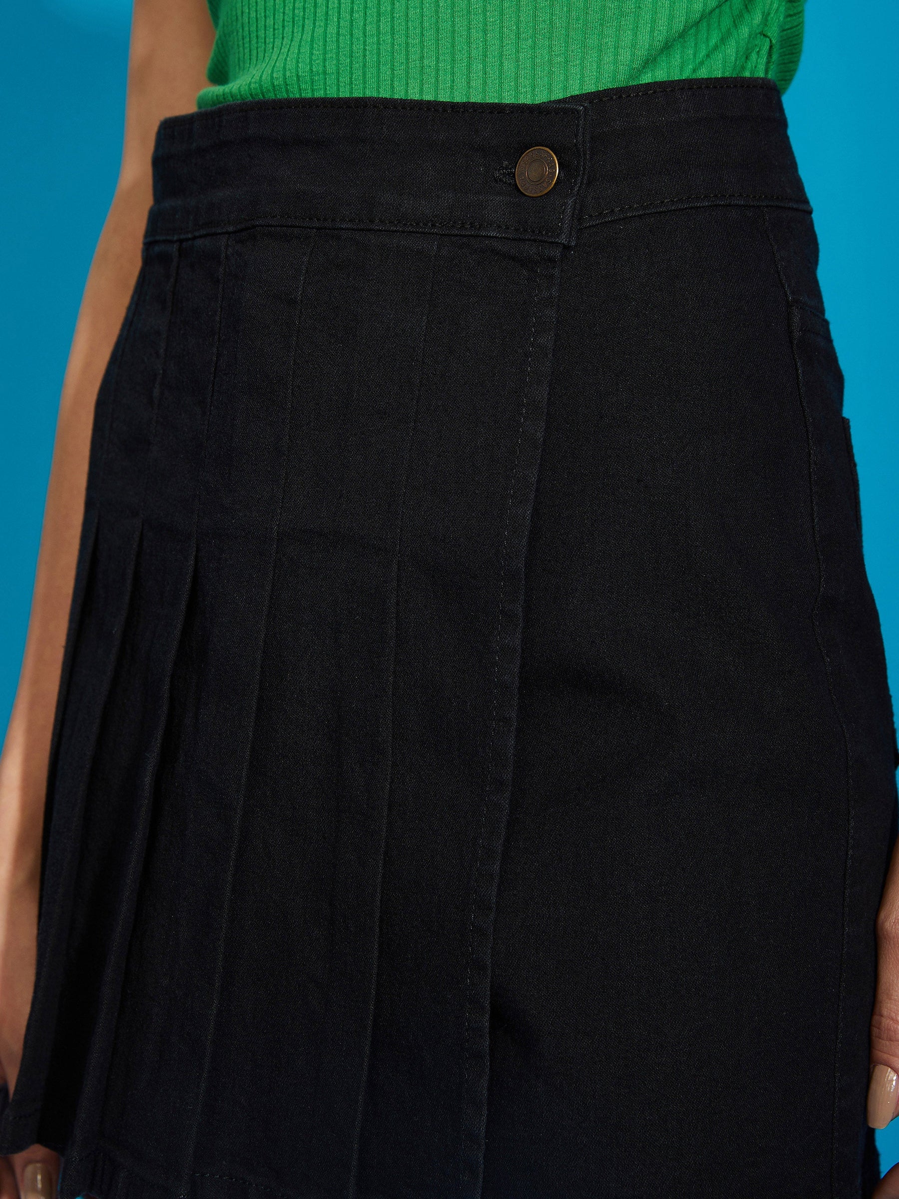 Black Denim Premium Front Pleated Skorts-SASSAFRAS