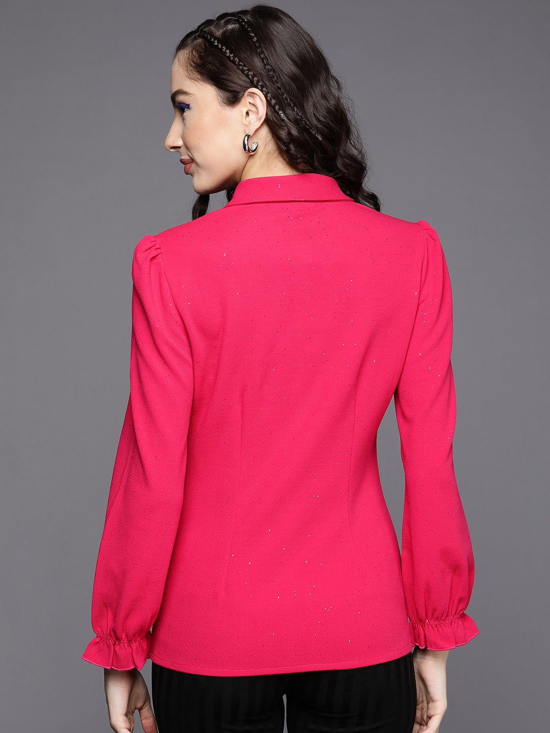 Women Fuchsia Shimmer Fitted Ruched Shirt