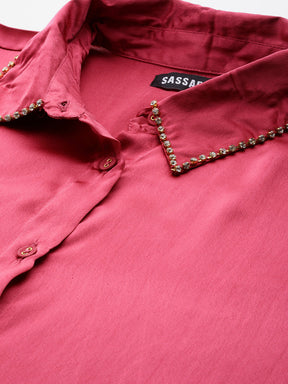 Women Pink Satin Longline Shirt