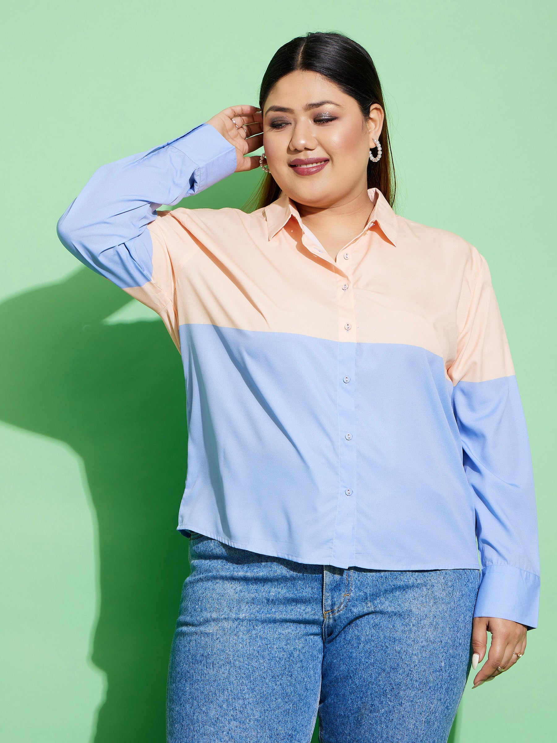 Peach & Blue ColourBlock Shirt-SASSAFRAS Curve