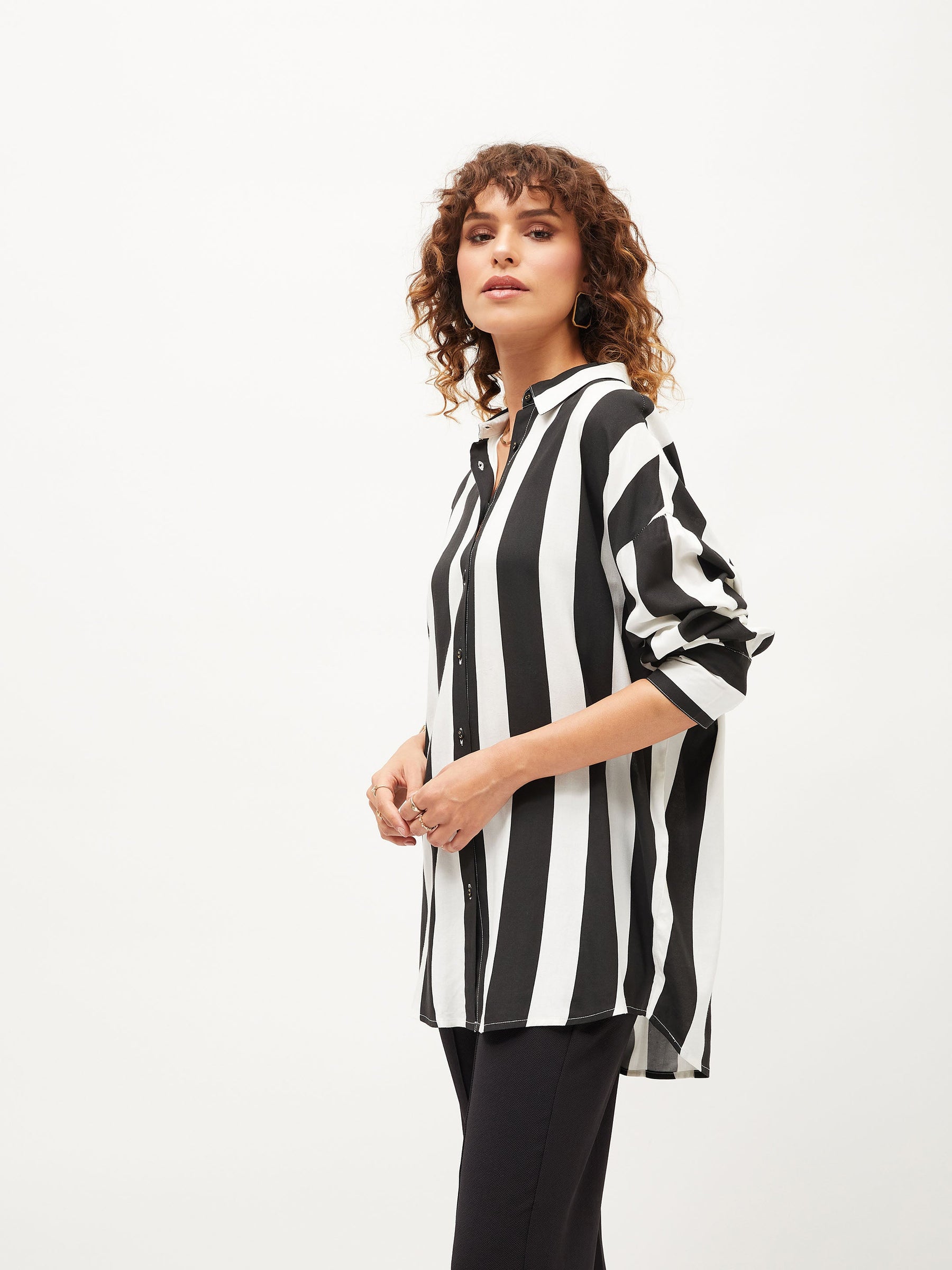 Women Black White Striped Oversize Shirt
