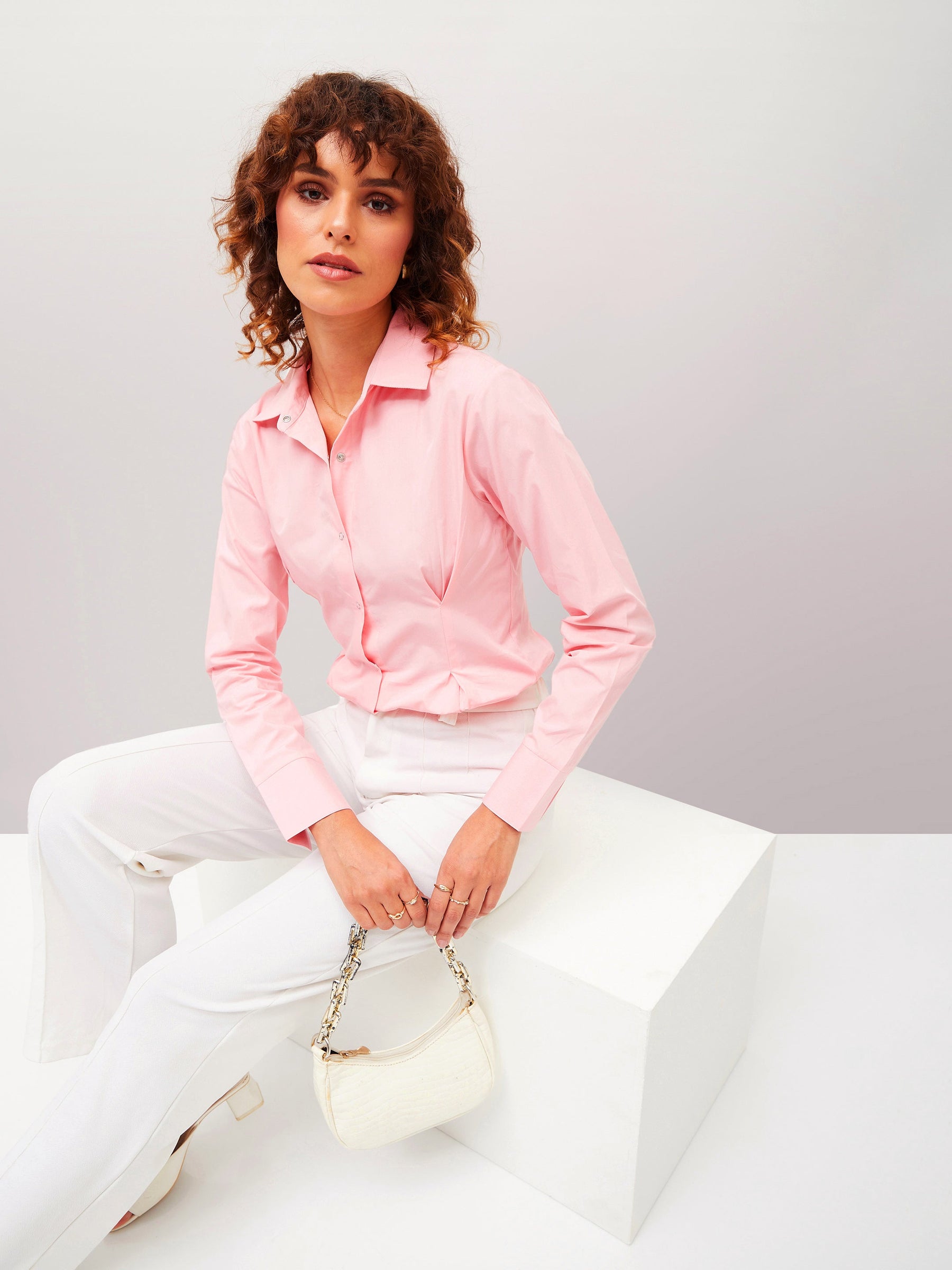 Pink Poplin Pleated Fold Slim Waist Shirt-SASSAFRAS