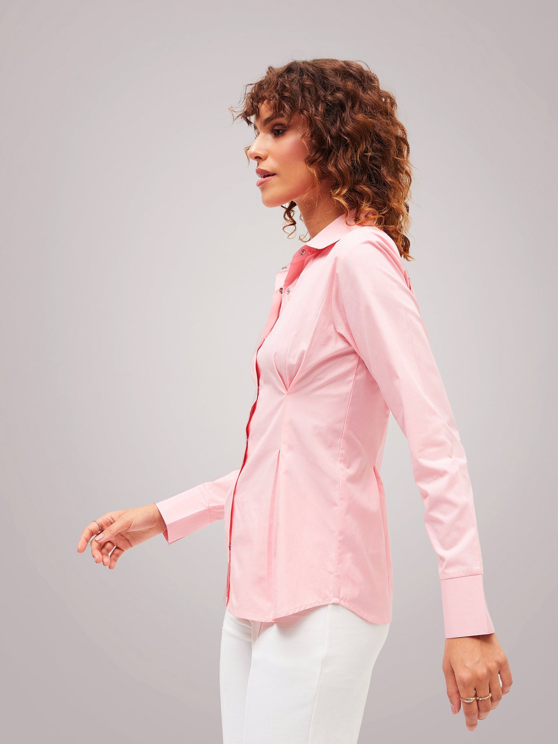 Pink Poplin Pleated Fold Slim Waist Shirt-SASSAFRAS