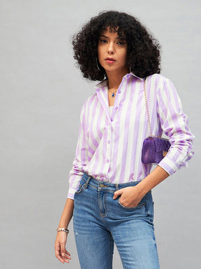 Purple & White Cotton Striped Regular Shirt-SASSAFRAS