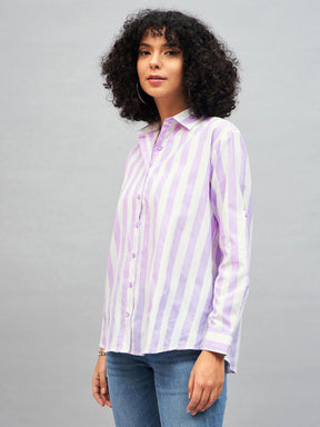 Purple & White Cotton Striped Regular Shirt-SASSAFRAS