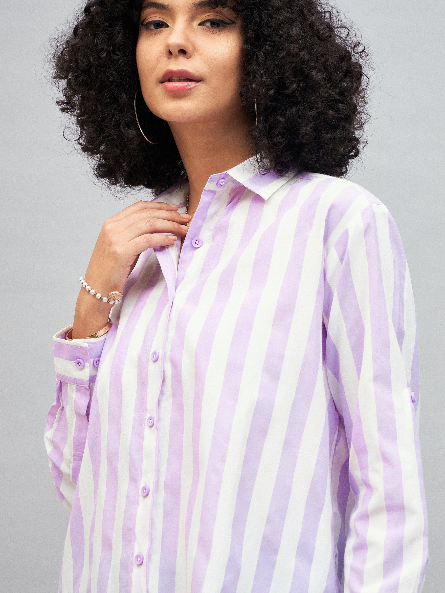 Purple & White Cotton Striped Regular Shirt-SASSAFRAS